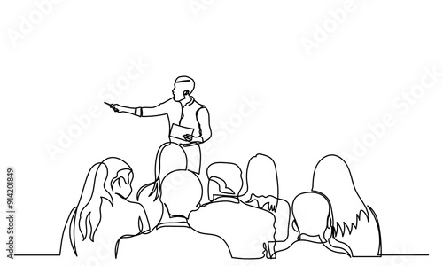 One continuous line drawing of the Audience in the conference hall. The public speaker talks and gives instructions in the conference hall. The public speaker in lectures, in front of the audience.