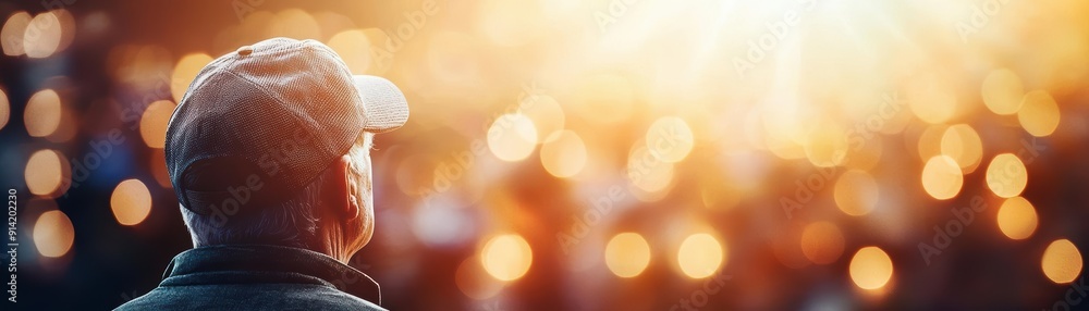 A person in a cap looking towards a bright light.