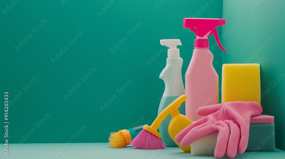 Cleaning Supplies on Bright Teal Background