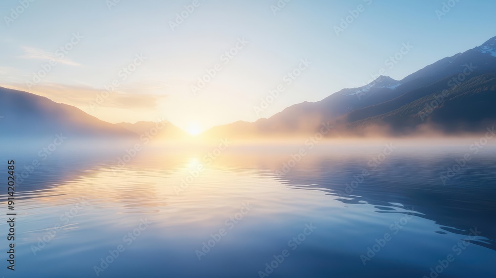 Fototapeta premium Sunrise over a tranquil lake with misty mountains in the background.