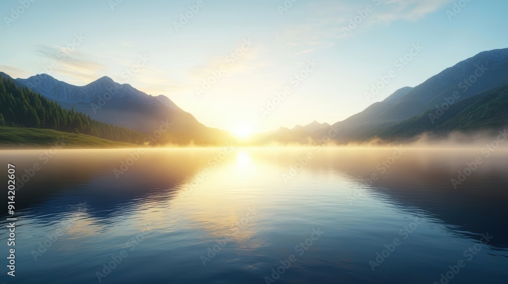 Fototapeta premium Sunrise over a misty lake with mountains in the background.