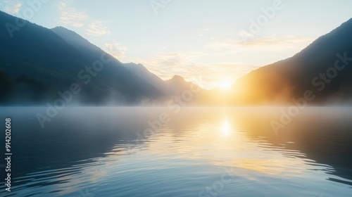 Serene sunrise over a misty lake with mountains in the background.