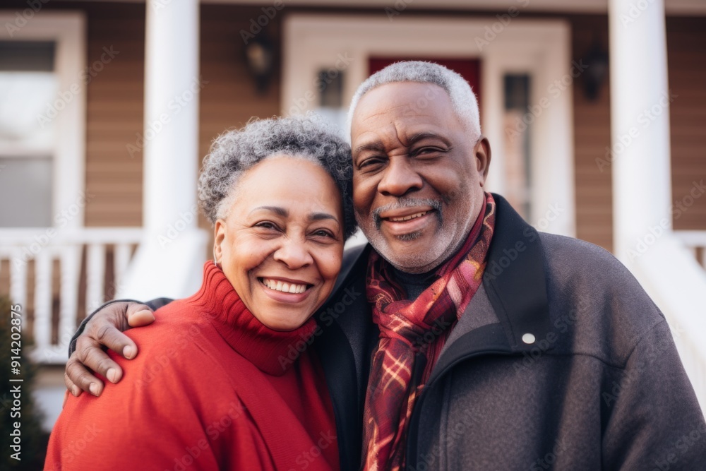Portrait of a smiling senior African American couple in front of house Portrait of a smiling senior African American couple in front of house