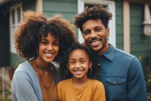 Portrait of a smiling African American family in front of house