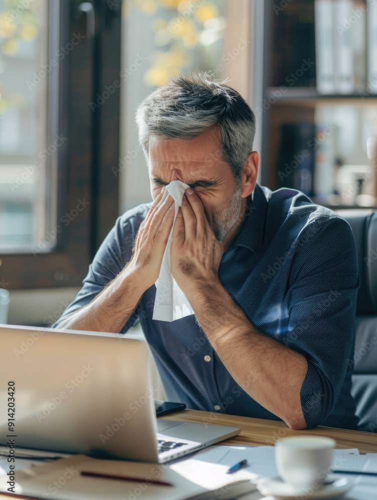 Naklejka premium A man in an office with his head in a box of tissues, dealing with cold or allergy issues.