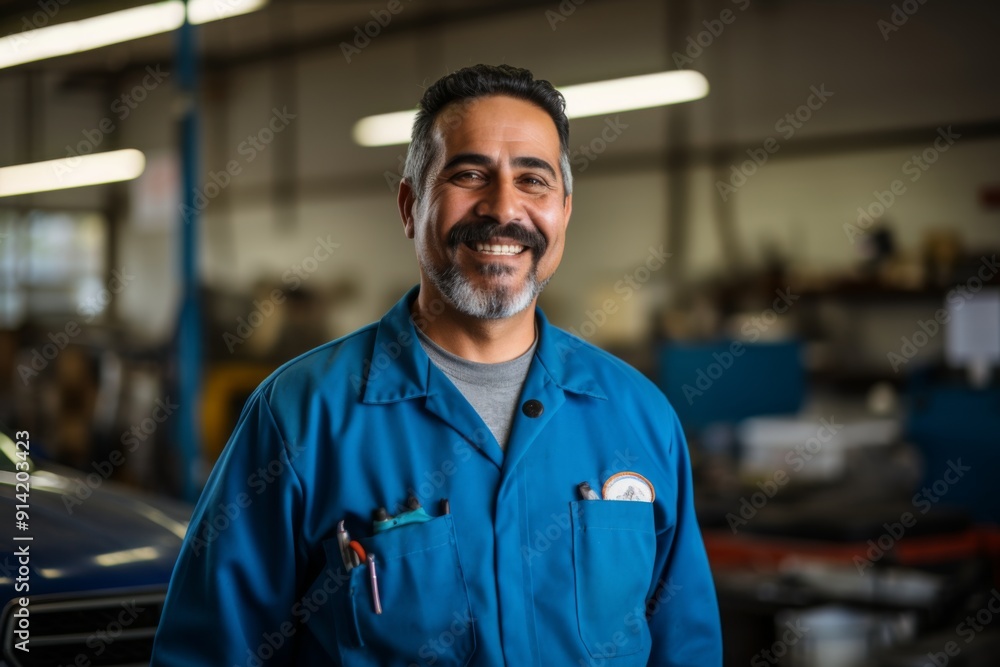 Smiling portrait of a middle aged car mechanic in workshop Smiling portrait of a middle aged car mechanic in workshop