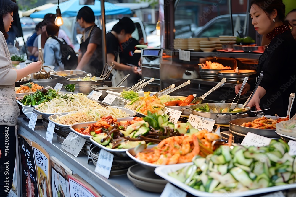 Obraz premium Various of korean street foods. Food stall in urban night festival.
