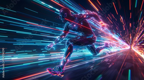 Dynamic runner: An abstract illustration of a dynamic runner in mid-stride, with flowing, colorful trails and energetic, sweeping lines capturing the movement