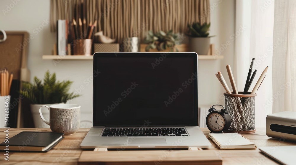 A laptop is open on a table with a cup of coffee next to it A laptop is open on a table with a cup of coffee next to it