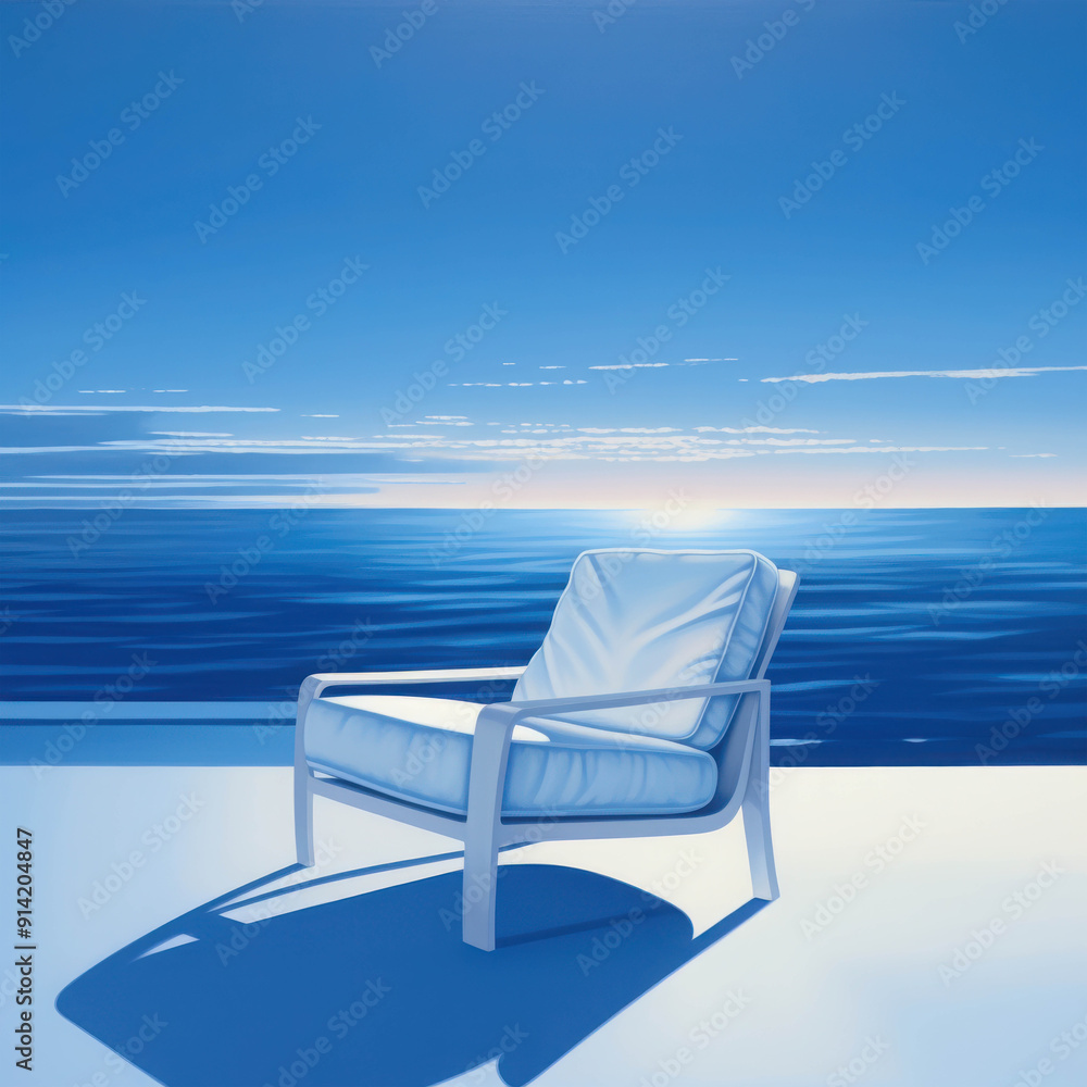 Fototapeta premium Tranquil Ocean View: A solitary white armchair sits on a balcony overlooking a vast, serene ocean. The blue hues of the sky and water create a calming atmosphere, inviting viewers to escape and relax.