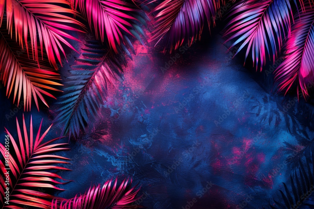 Vibrant Neon Tropical Background, Purple and Pink Palm Tree Leaves on Dark Blue Textured Backdrop Vibrant Neon Tropical Background, Purple and Pink Palm Tree Leaves on Dark Blue Textured Backdrop