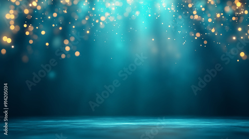 A mesmerizing background featuring a teal and gold bokeh light effect with soft, glowing particles, creating a magical and elegant atmosphere perfect for showcasing products. photo