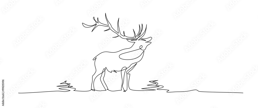 Reindeer continuous one line drawing, single line art deer animal element, minimalist sketch line vector illustration, christmas winter new year concept
