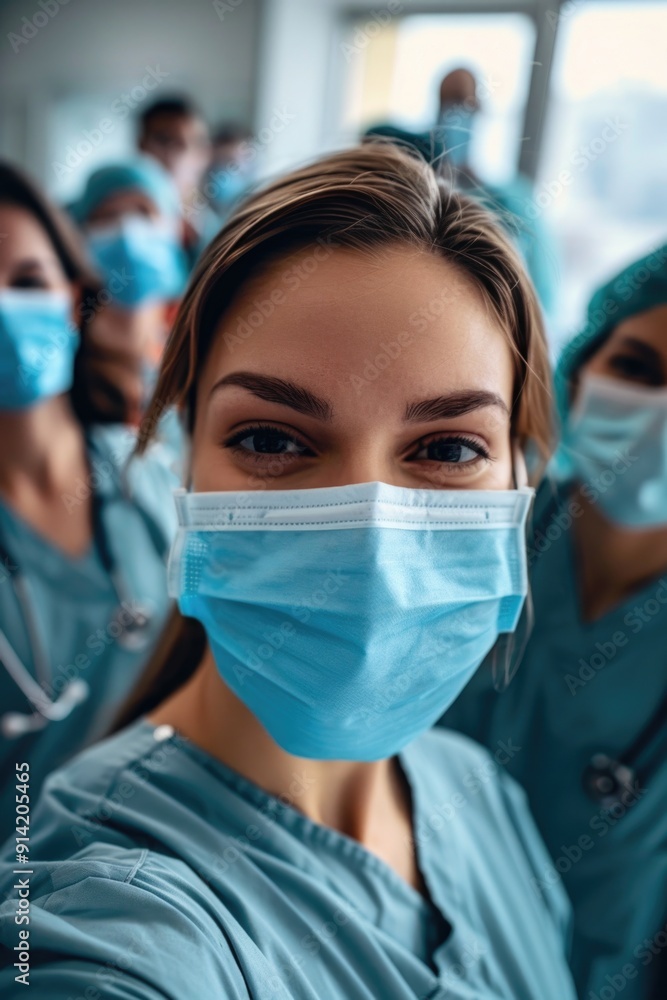 Medical staff wearing surgical masks, standing together with smiles on their faces. Medical staff wearing surgical masks, standing together with smiles on their faces.