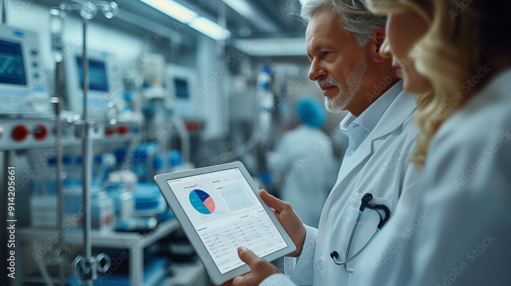 a doctor-scientist standing with a tablet analyzing a research process in chemistry and biology a doctor-scientist standing with a tablet analyzing a research process in chemistry and biology