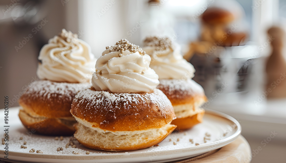 Swedish Semla Bun with Cream A Popular Treat for Fika Coffee Breaks Swedish Semla Bun with Cream A Popular Treat for Fika Coffee Breaks