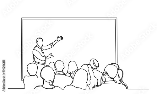 One continuous line drawing of the Audience in the conference hall. The public speaker talks and gives instructions in the conference hall. The public speaker in lectures, in front of the audience.