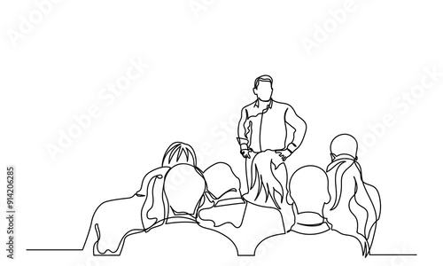 One continuous line drawing of the Audience in the conference hall. The public speaker talks and gives instructions in the conference hall. The public speaker in lectures, in front of the audience.