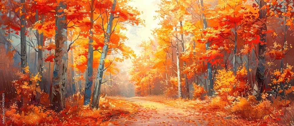 Stunning autumn forest with vibrant red and orange foliage along a scenic pathway, perfect for nature and fall-themed projects. Stunning autumn forest with vibrant red and orange foliage along a scenic pathway, perfect for nature and fall-themed projects.