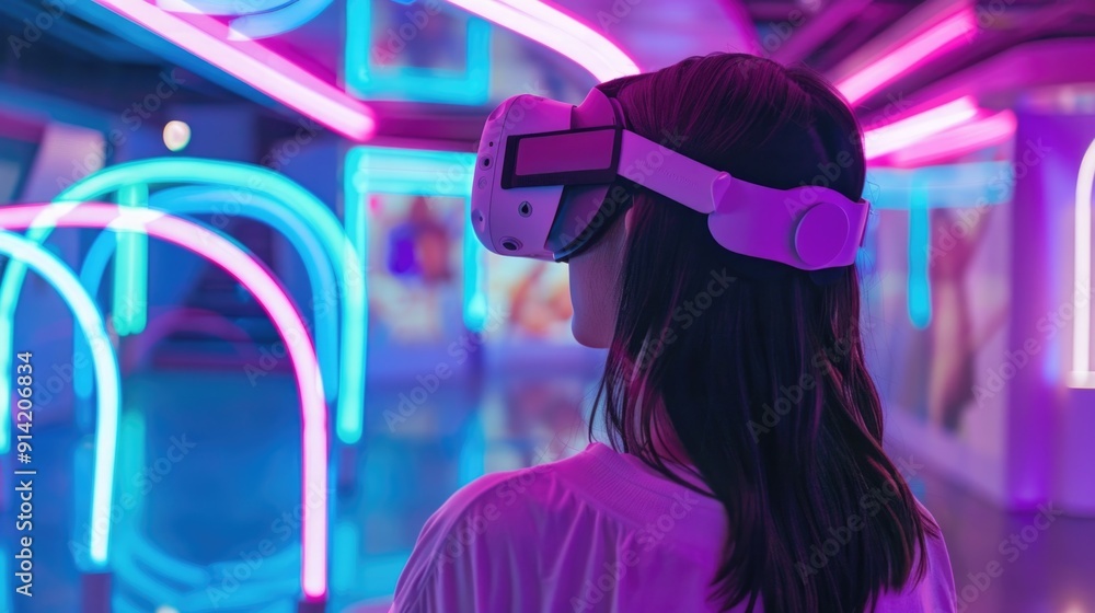 Woman in VR room with neon lights Woman in VR room with neon lights