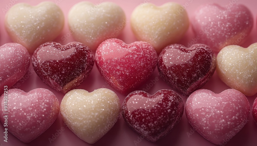 Colorful heart-shaped candy in pink, red, and white colors for Valentine's Day background
Colorful heart-shaped candy in pink, red, and white colors for Valentine's Day background