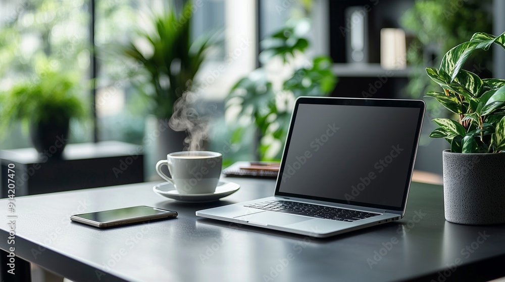 Modern Workspace with Coffee and Greenery Modern Workspace with Coffee and Greenery