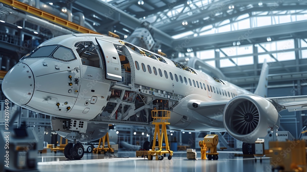 A white airplane is in a hangar with its doors open. The plane is being worked on and has a large engine on the right side. The hangar is filled with various tools and equipment A white airplane is in a hangar with its doors open. The plane is being worked on and has a large engine on the right side. The hangar is filled with various tools and equipment