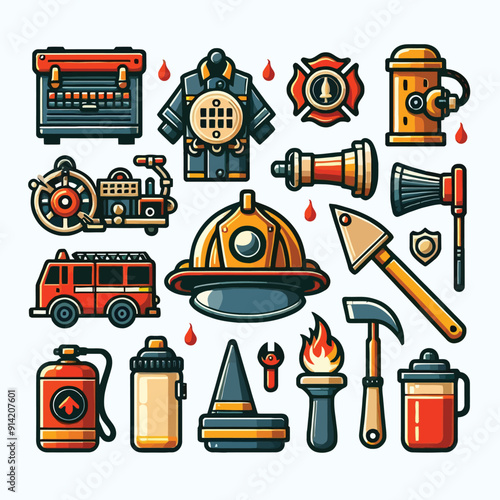 Vintage firefighting elements set flat illustration on white background2.eps
