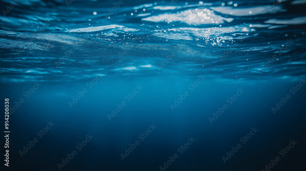 Underwater view of a calm ocean surface reflecting sunlight in a serene environment Underwater view of a calm ocean surface reflecting sunlight in a serene environment