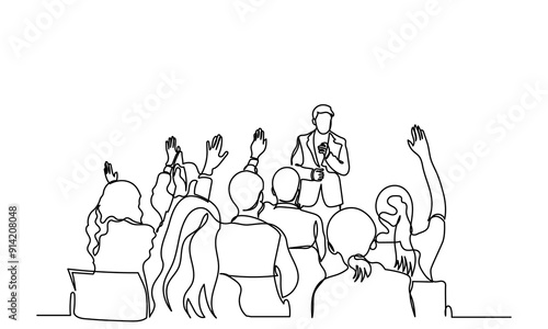 One continuous line drawing of the Audience in the conference hall. The public speaker talks and gives instructions in the conference hall. The public speaker in lectures, in front of the audience.