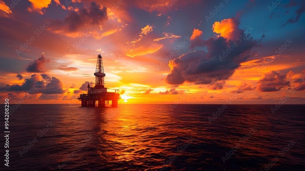 Fototapeta premium Vibrant Sunset Silhouetting an Offshore Oil Rig on the Serene Ocean
