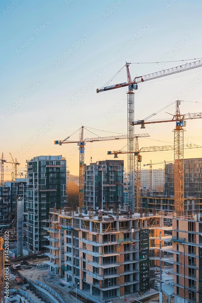 Construction site with multiple cranes and buildings at sunset. Construction site with multiple cranes and buildings at sunset.