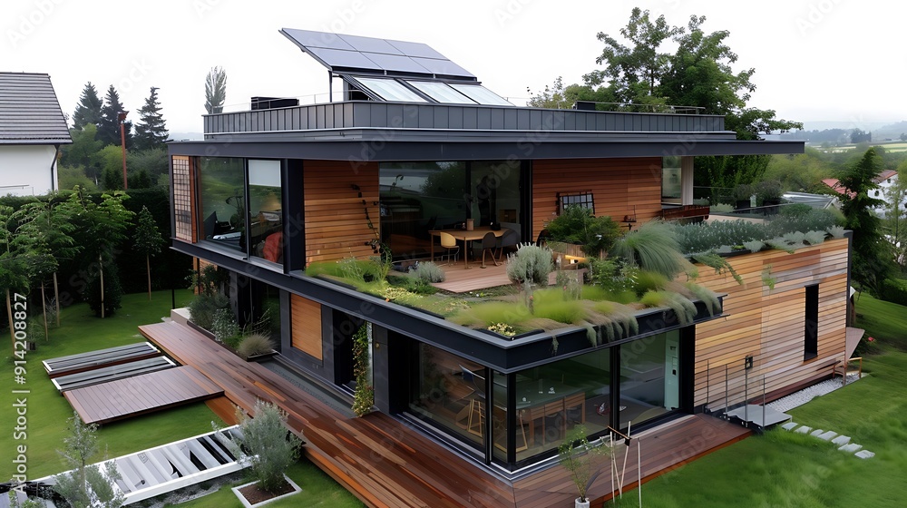 Modern House with Green Roof and Large Windows Modern House with Green Roof and Large Windows