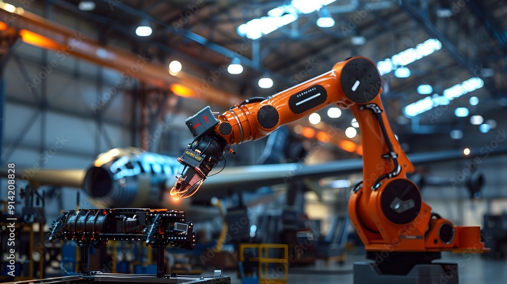 Engineers guiding robotic arms to assemble aircraft parts with laser precision, highlighting technological advancements Engineers guiding robotic arms to assemble aircraft parts with laser precision, highlighting technological advancements