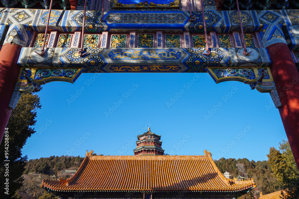 Fototapeta premium Summer Palace Archway and Foxiangge in Beijing.