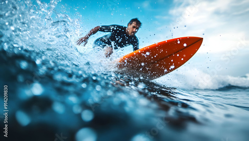 A dynamic surf scene featuring a skilled surfer riding a wave, showcasing the thrill and energy of water sports. photo