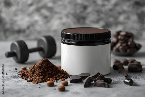 A fitness-themed composition featuring a jar, coffee grounds, chocolate, and a dumbbell for healthy lifestyle promotion. photo