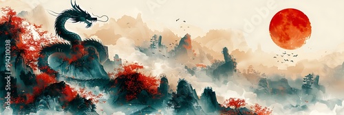 A dragon is standing on a mountain next to a red sun. The dragon is large and has a menacing look on its face. The mountain range in the background is covered in snow, giving the scene a serene
