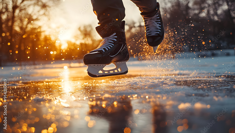 A picturesque ice skate carving through a serene frozen lake at sunset, showcasing winter sports and natural beauty. A picturesque ice skate carving through a serene frozen lake at sunset, showcasing winter sports and natural beauty.