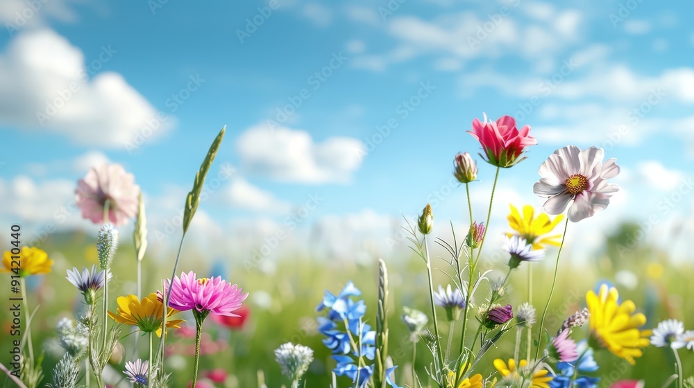 Beautiful wildflowers in a blooming field under a bright blue sky with fluffy clouds, capturing the essence of springtime and natural beauty.