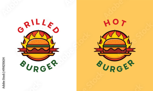Grilled burger logo design, Hot burger creative logo design, hamburger brand burger logo with fire illustration vector editable file