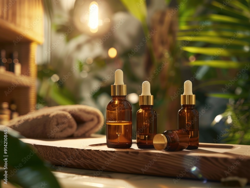 Aromatherapy with three bottles of essential oil. Natural ingredients on a wooden tray set in a lush green space. Aromatherapy with three bottles of essential oil. Natural ingredients on a wooden tray set in a lush green space.
