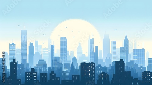 Minimalist City Skyline: A minimalist 2D flat illustration of a city skyline with simple, monochromatic skyscrapers and a clean, uncluttered design