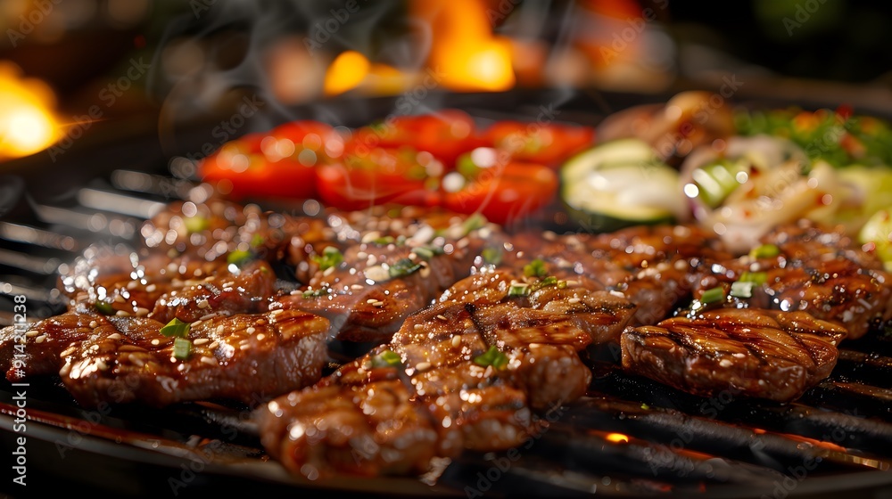 Sizzling Korean bbq beef with grilled vegetables 