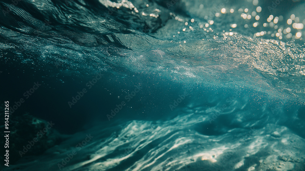Naklejka premium Underwater view of shimmering ocean waves at midday with sunlight filtering through the water