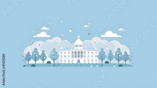 Minimalistic flat design of a classic government building surrounded by subtle trees and gentle clouds on a serene light blue background