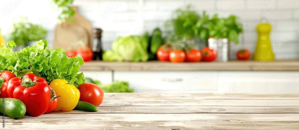 Fresh vegetables on a rustic wooden kitchen counter with a blurred background, ready for preparation and cooking. Fresh vegetables on a rustic wooden kitchen counter with a blurred background, ready for preparation and cooking.
