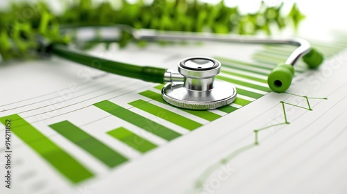 Close-up of stethoscope on green bar graph. Concept of healthcare analytics and medical data analysis.