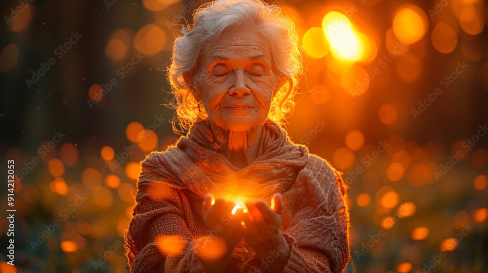 An elderly woman enjoys the warm glow of sunset, cradling light in her hands amidst a serene forest setting, surrounded by soft, glowing particles An elderly woman enjoys the warm glow of sunset, cradling light in her hands amidst a serene forest setting, surrounded by soft, glowing particles