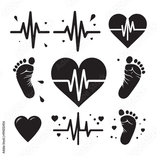 Minimal Set of heart pulse with heart and babys feet vector flat style silhouette vector illustration Design.